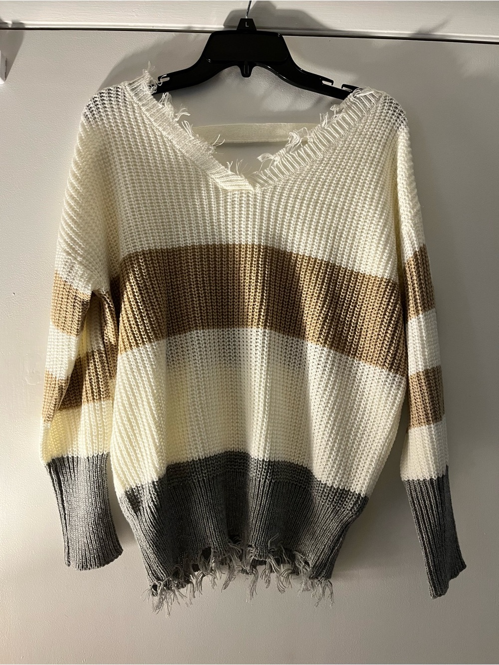 moon & madison Striped Distressed V-Neck Sweater - Cream, Tan & Gray